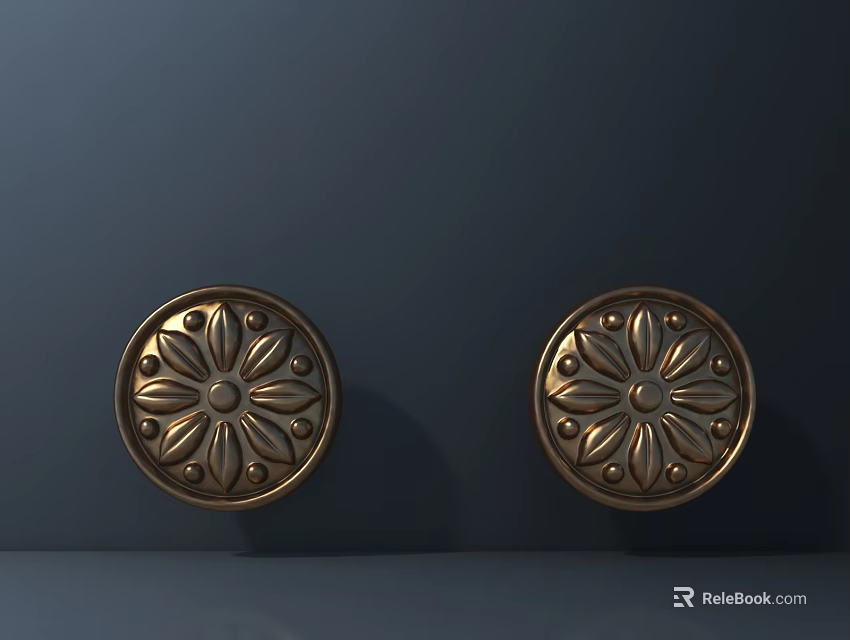 Two Golden Round Decorative Hardware Pieces With Intricate Floral Patterns 3d model 