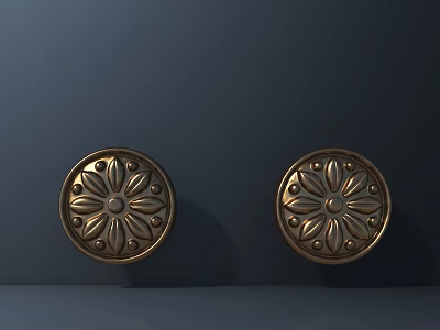 Two Golden Round Decorative Hardware Pieces With Intricate Floral Patterns 3d model