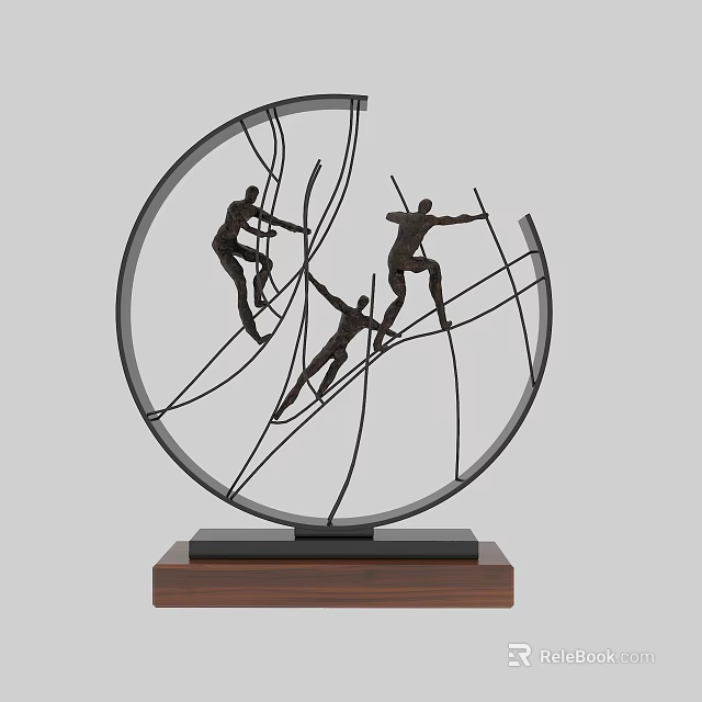 Decorative Ornament Set With Circular Metal Frame And Climbing Human Silhouettes On Wooden Base 3d model 