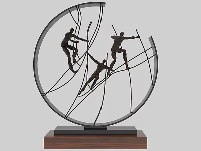 Decorative Ornament Set With Circular Metal Frame And Climbing Human Silhouettes On Wooden Base 3d model