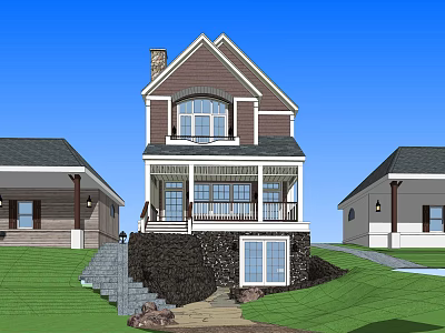 Two Story Detached House With Brown Roof Porch And Green Lawn Under Blue Sky 3d model