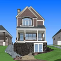 Two Story Detached House With Brown Roof Porch And Green Lawn Under Blue Sky
