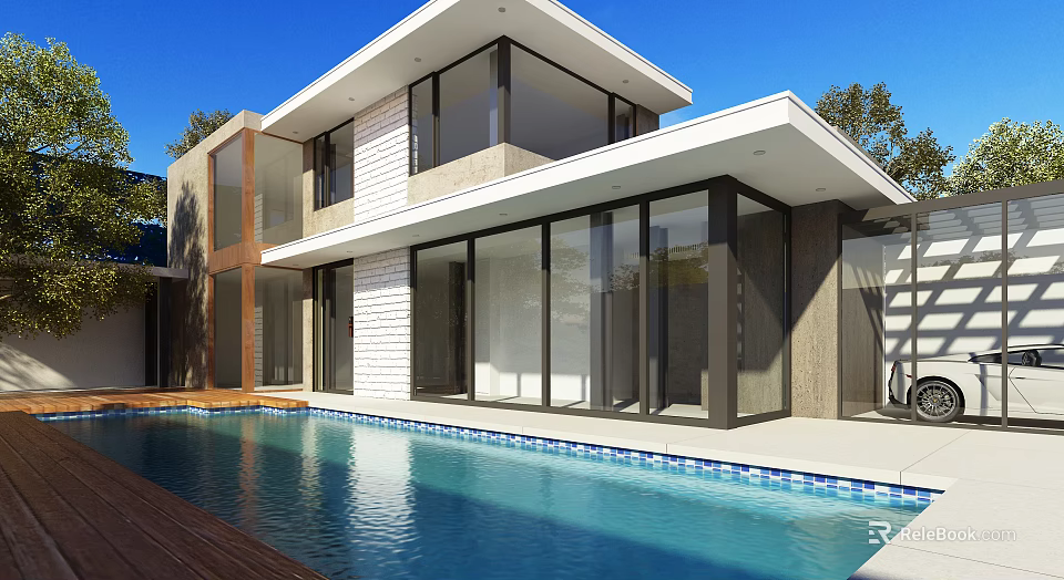 Modern Detached Villa with Floor-to-Ceiling Glass Windows Swimming Pool and Wooden Deck Surrounded by Trees 3d model 
