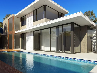 Modern Detached Villa with Floor-to-Ceiling Glass Windows Swimming Pool and Wooden Deck Surrounded by Trees 3d model
