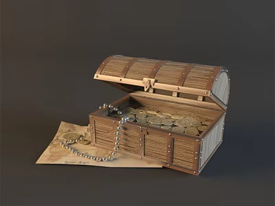 Open Treasure Chest Filled With Gold Coins Pearl Necklace And Old Paper 3d model