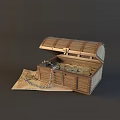 Open Treasure Chest Filled With Gold Coins Pearl Necklace And Old Paper