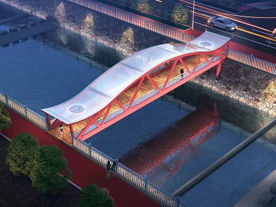Modern Red Bridge With White Canopy Spanning Water And Pedestrians Greenery 3d model