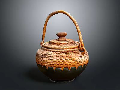 Traditional Handcrafted Teapot with Woven Bamboo Handle Lid and Brown Green Ceramic Body 3d model