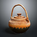 Traditional Handcrafted Teapot with Woven Bamboo Handle Lid and Brown Green Ceramic Body