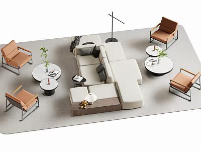 Modern L Shaped Sofa And Round Coffee Table Set With Brown Chairs And Green Plants 3d model