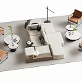 Modern L Shaped Sofa And Round Coffee Table Set With Brown Chairs And Green Plants