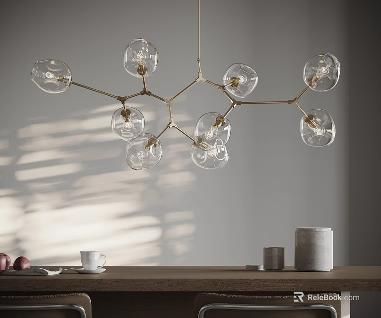 Modern Branch Chandelier with Transparent Glass Globes and Brass Metal Frame 3d model 