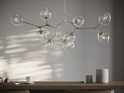 Modern Branch Chandelier with Transparent Glass Globes and Brass Metal Frame 3d model
