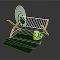 Practical Storage Rack with Wooden Legs Metal Frame Dishes and Yellow Container on Green Mat