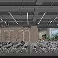 Modern Conference Room With Beige Walls Bookshelves Large Windows Green Plants Folding Tables And Chairs
