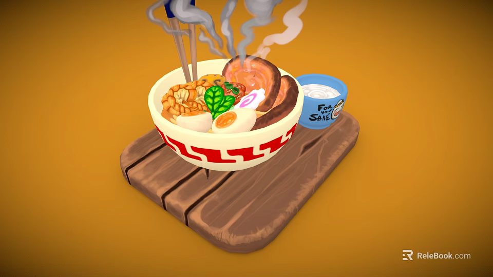 Red And White Ceramic Ramen Bowl On Wooden Tray With Blue Food Skill Cup 3d model 