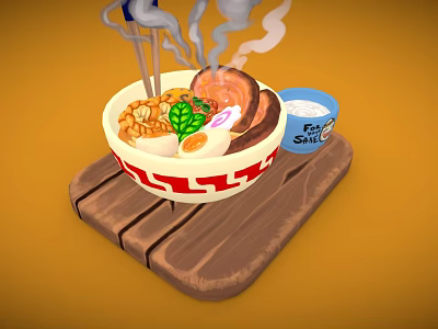 Red And White Ceramic Ramen Bowl On Wooden Tray With Blue Food Skill Cup 3d model