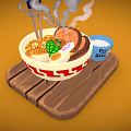 Red And White Ceramic Ramen Bowl On Wooden Tray With Blue Food Skill Cup