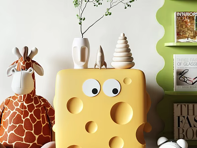 Cheese Shaped Side Table With Cute Eyes Design And Plush Toy Nearby Books On Shelf 3d model