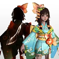 Traditional Japanese Girl Character Wearing Blue Kimono With Large Back Bow And Flower Hair Ornaments