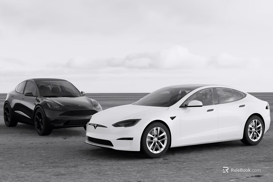 Two Black And White Modern Cars Parked On Road With Cloudy Sky Background 3d model 