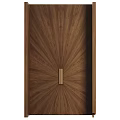 Wooden Cabinet Doors With Straight And Radial Grain Patterns Featuring Long Golden Handles Design