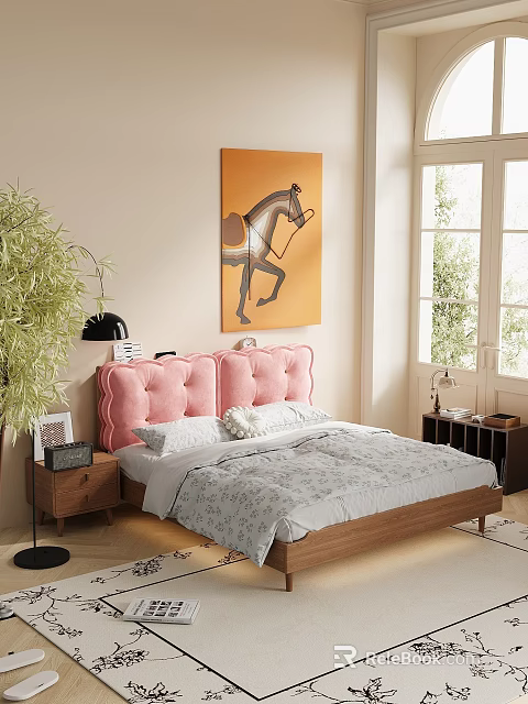 Cozy Bedroom Interior With Pink Tufted Headboard Gray Comforter Horse Painting Green Plant And Window 3d model 