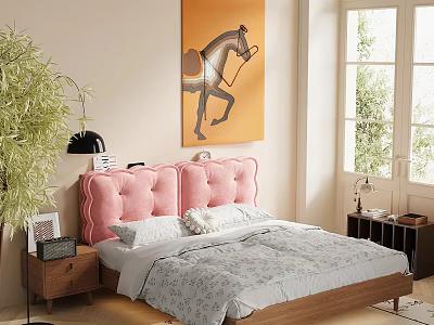 Cozy Bedroom Interior With Pink Tufted Headboard Gray Comforter Horse Painting Green Plant And Window 3d model
