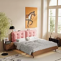 Cozy Bedroom Interior With Pink Tufted Headboard Gray Comforter Horse Painting Green Plant And Window