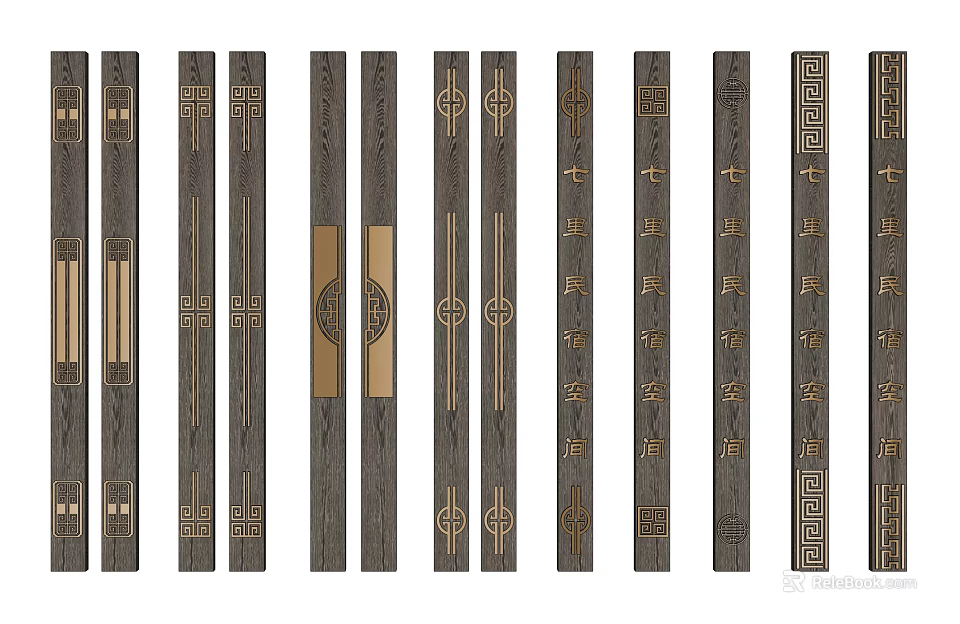 Various Traditional Wooden Door Handles With Intricate Patterns And Metal Accents 3d model 