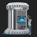 Modern Exhibition Island Kiosk With Digital Display And Female Figure Inside