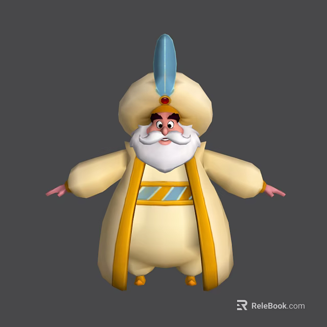 Cartoon Style Game and Movie Character With Feathered Turban White Beard and Yellow Robe 3d model 