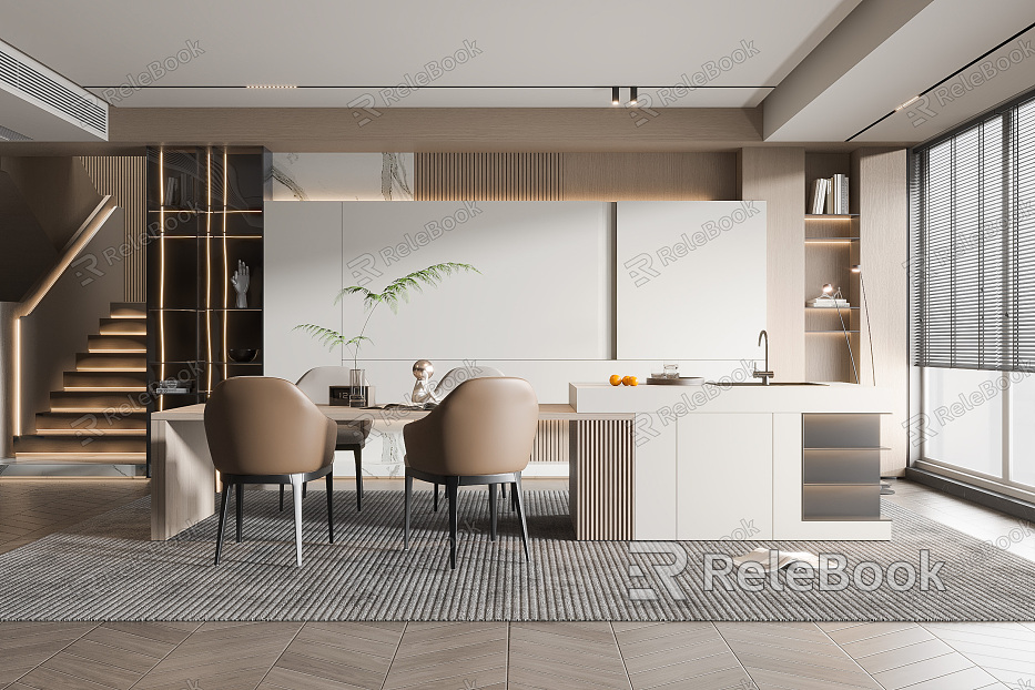 Modern Restaurant Dining Table and Chair Floor Lamp Wall Cream Dining Room Cabinet model