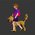 Smiling Boy In Purple Outfit Standing With Yellow Dog Creature Character