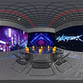 Futuristic Tech Inspired Interior With Purple Neon Lights Robot Clothing Display Tables And Chairs