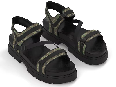 Fashionable Camouflage Strap Sandals With Black Thick Sole And Casual Design 3d model