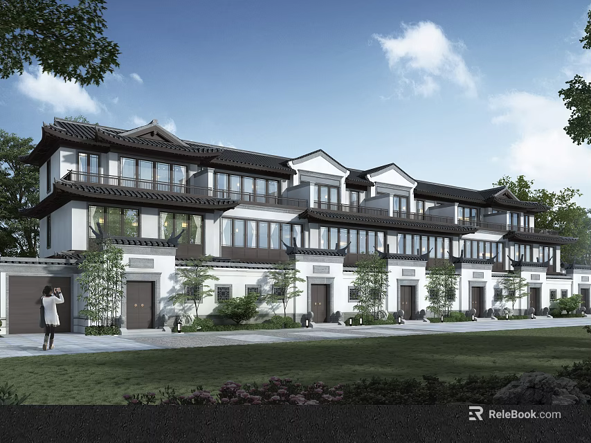 Chinese Style Townhouse Exterior With Traditional Roof Windows And Landscaped Lawn 3d model 