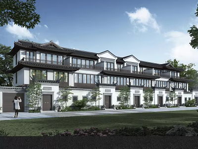 Chinese Style Townhouse Exterior With Traditional Roof Windows And Landscaped Lawn 3d model