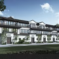 Chinese Style Townhouse Exterior With Traditional Roof Windows And Landscaped Lawn