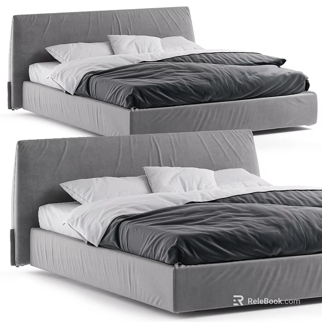 Modern Double Bed Interior Design With Gray Frame Black And White Bedding And White Pillows 3d model 