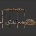 Rustic Thatched Roof Shelter Scene With Wooden Table Plates Stools And Hay Stacks