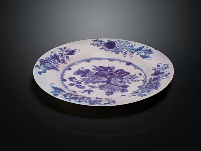 Traditional Blue and White Ceramic Plate Decoration with Intricate Floral Fruit Patterns Against Dark Background 3d model