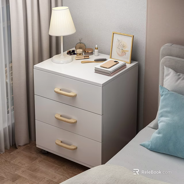 White Bedside Table With Three Drawers Wooden Handles Table Lamp Picture Frame And Books 3d model 