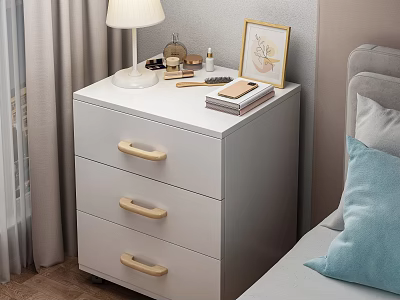 White Bedside Table With Three Drawers Wooden Handles Table Lamp Picture Frame And Books 3d model