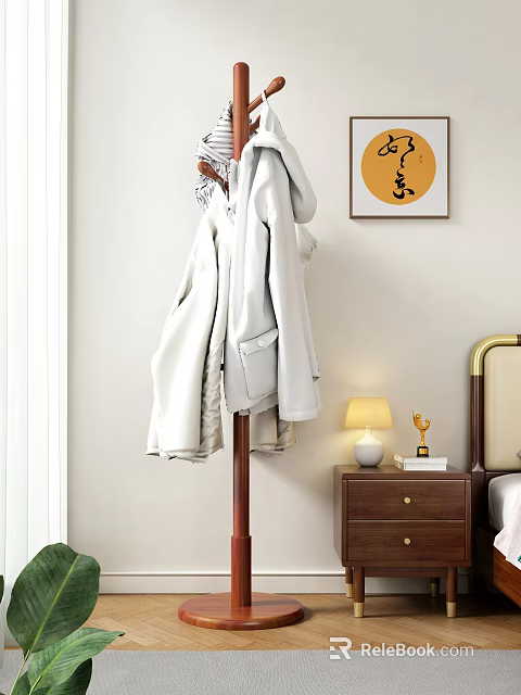 Wooden Coat Rack With Coats In Bedroom Interior 3d model 