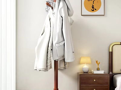 Wooden Coat Rack With Coats In Bedroom Interior 3d model