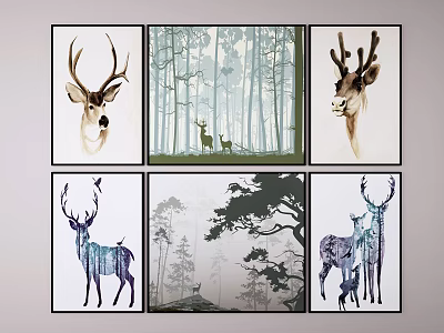 Modern Animal Painting Elk Hanging Painting Decorative Painting Combination 3d model