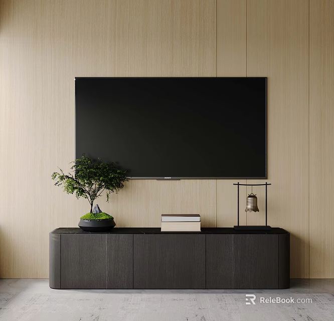 Modern TV Stand with Wall Mounted TV Against Light Wooden Wall and Bonsai Tree Books 3d model 