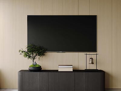 Modern TV Stand with Wall Mounted TV Against Light Wooden Wall and Bonsai Tree Books 3d model
