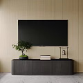Modern TV Stand with Wall Mounted TV Against Light Wooden Wall and Bonsai Tree Books